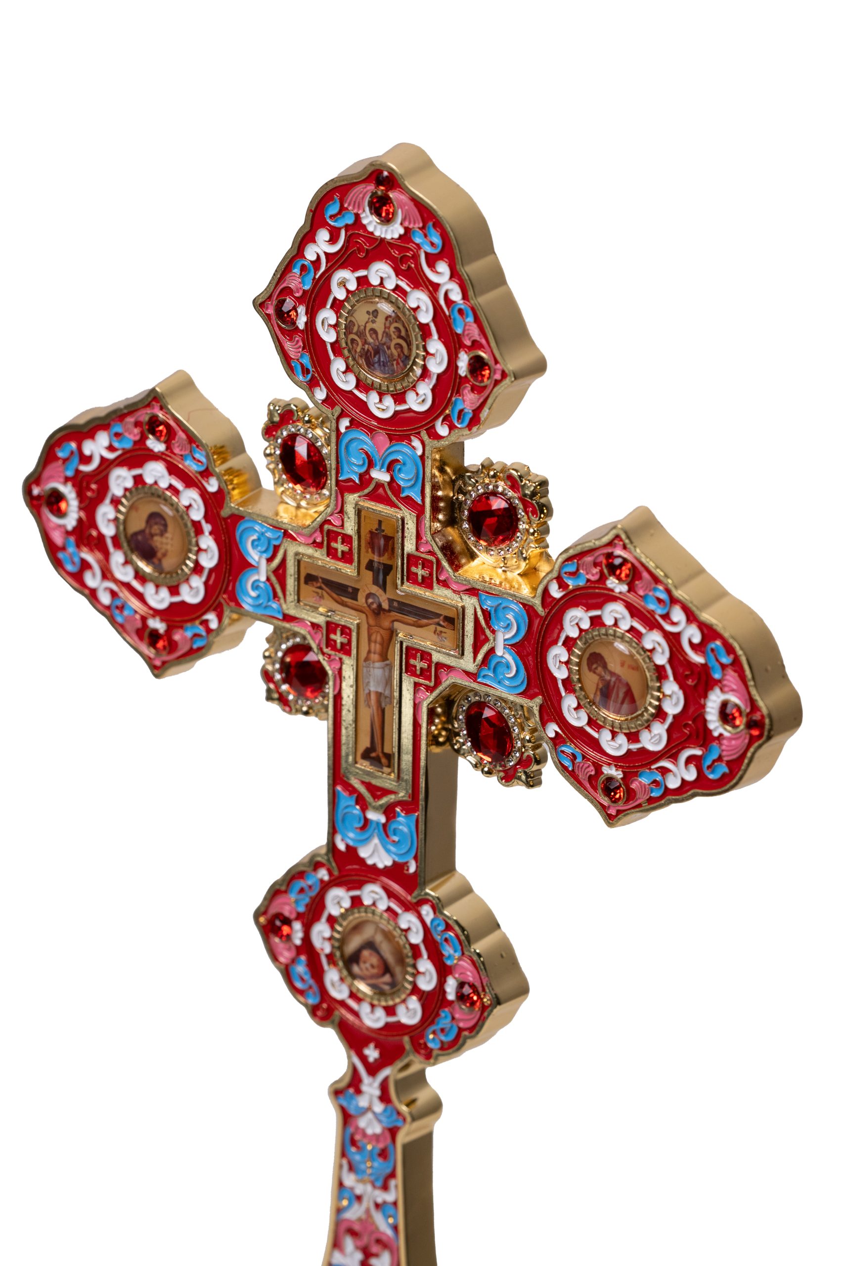 Cruce cu suport, Ortodox art, email roșu-aurit, pentru binecuvântare - imagine 5