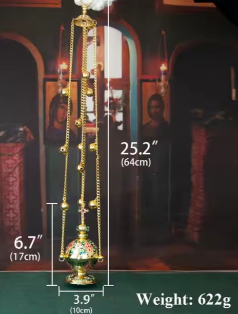 Cădelniță Ortodox art aurită cu flori colorate și 12 zurgălăi - imagine 3