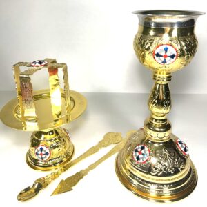 Set Complet pentru Liturghie – Potir, Disc, Steluță, Linguriță și Copie, aurite