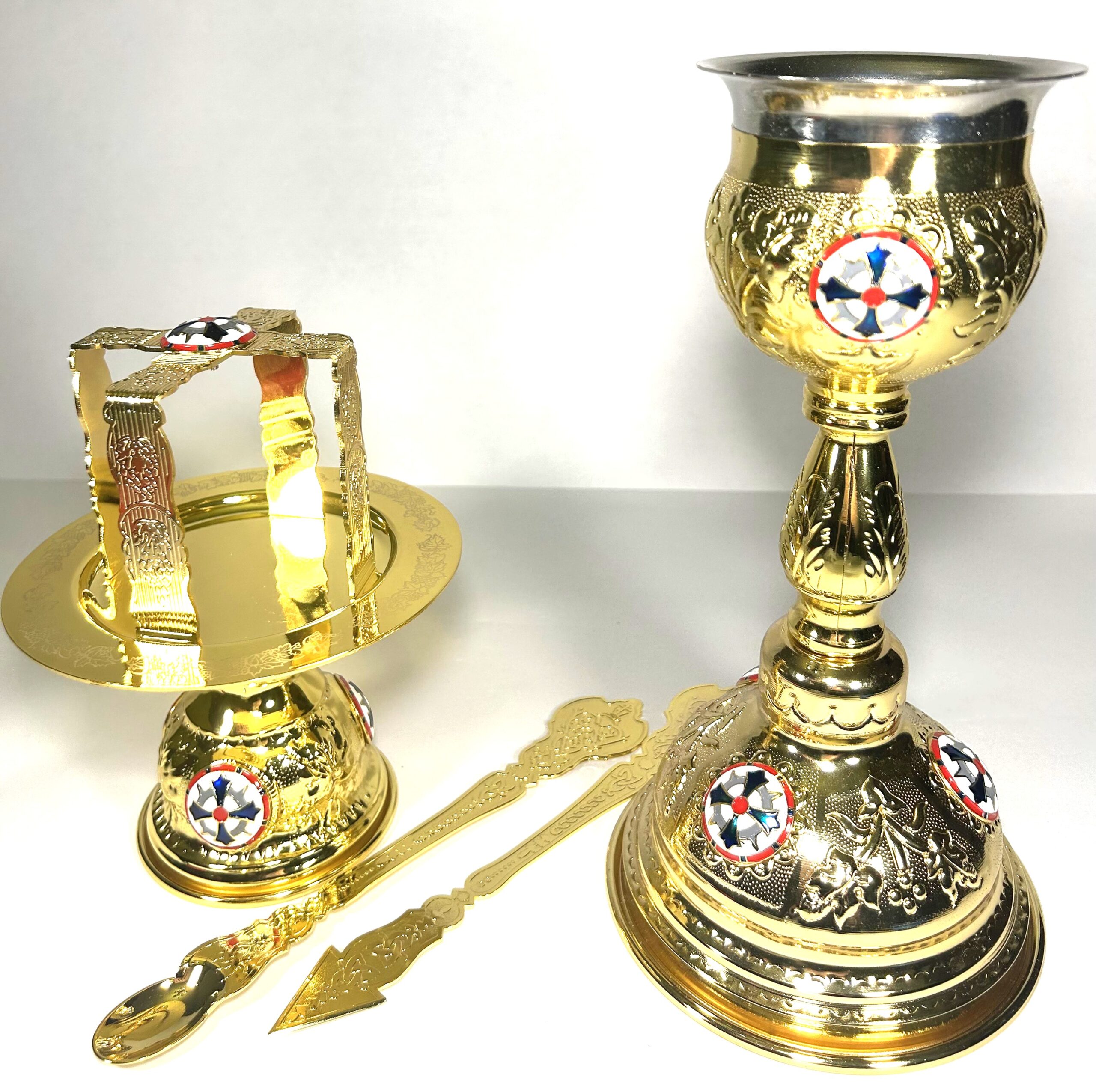 Set Complet pentru Liturghie – Potir, Disc, Steluță, Linguriță și Copie, aurite
