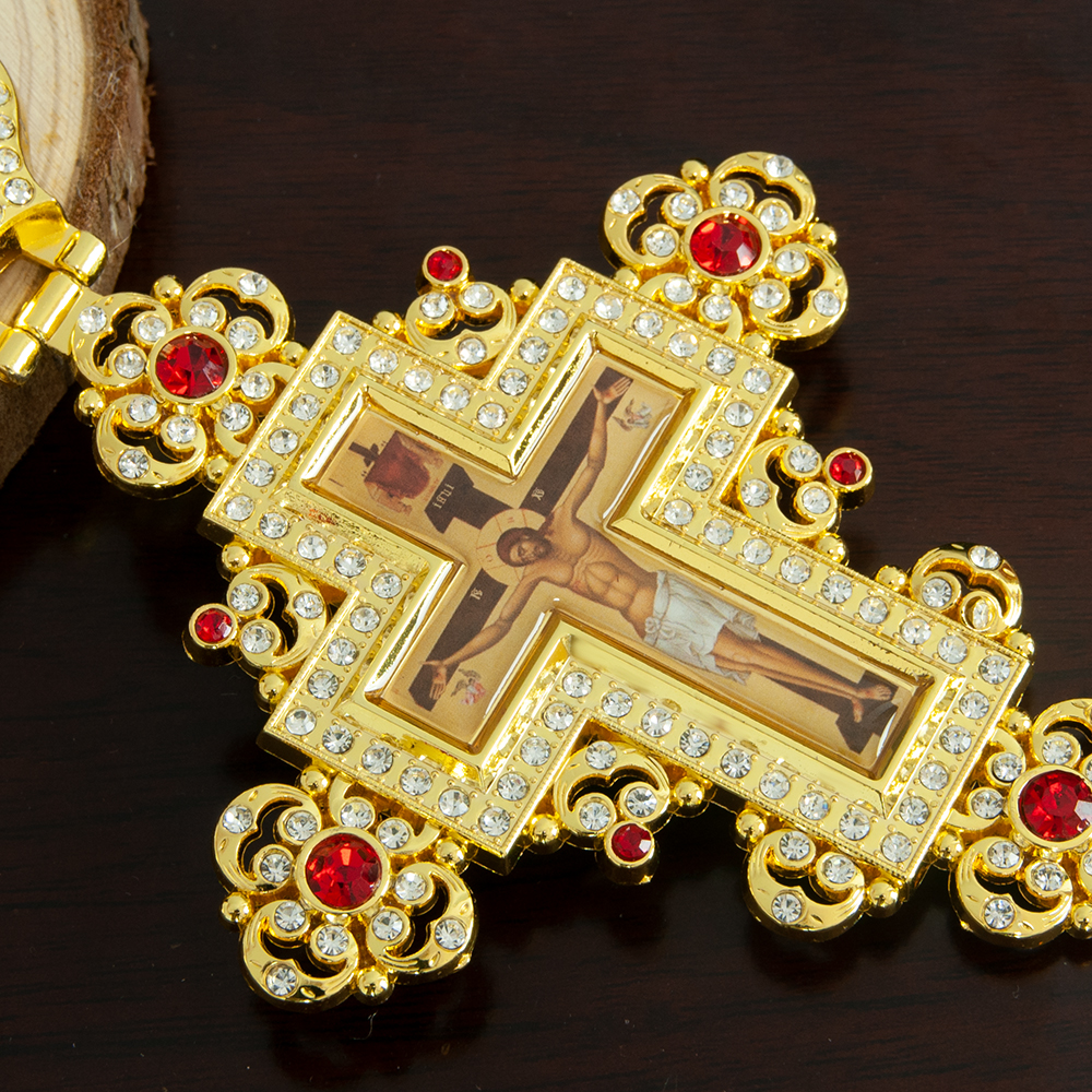 Cruce Pectorală Aurie cu Pietre Roșii | Ortodoxart