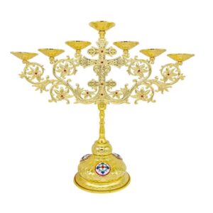 Sfeșnic cu 7 brațe pentru biserică, metal aurit – simbol al celor șapte daruri ale Duhului