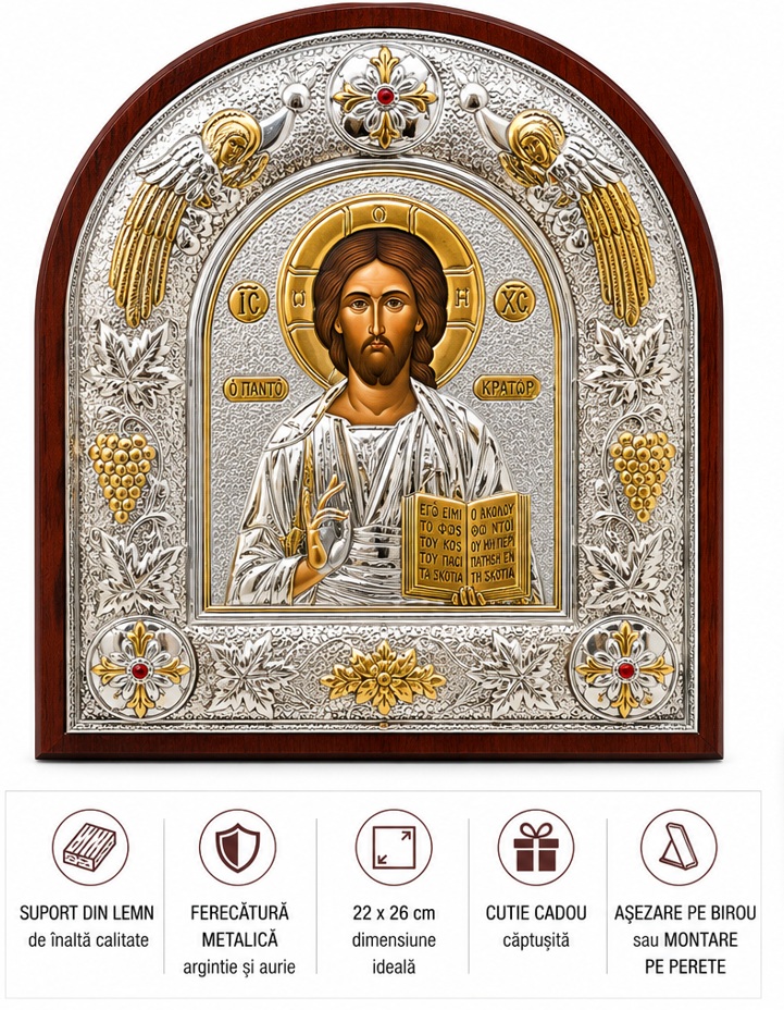 Icoana cu Iisus Hristos Pantocrator pe Lemn 22 x 26 cm - imagine 3