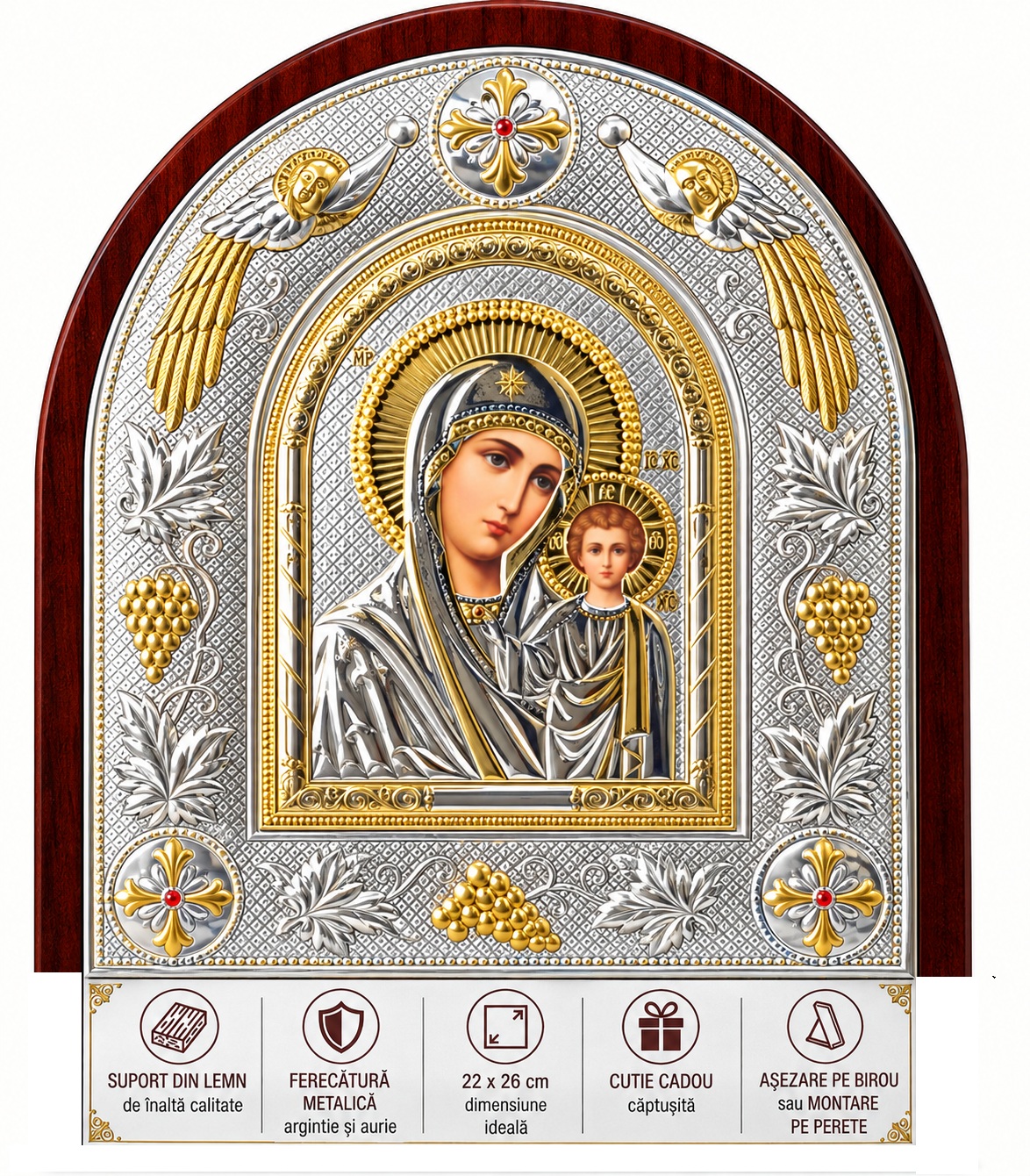 Icoană cu Maica Domnului și Pruncul Iisus pe lemn 22X26cm - imagine 2